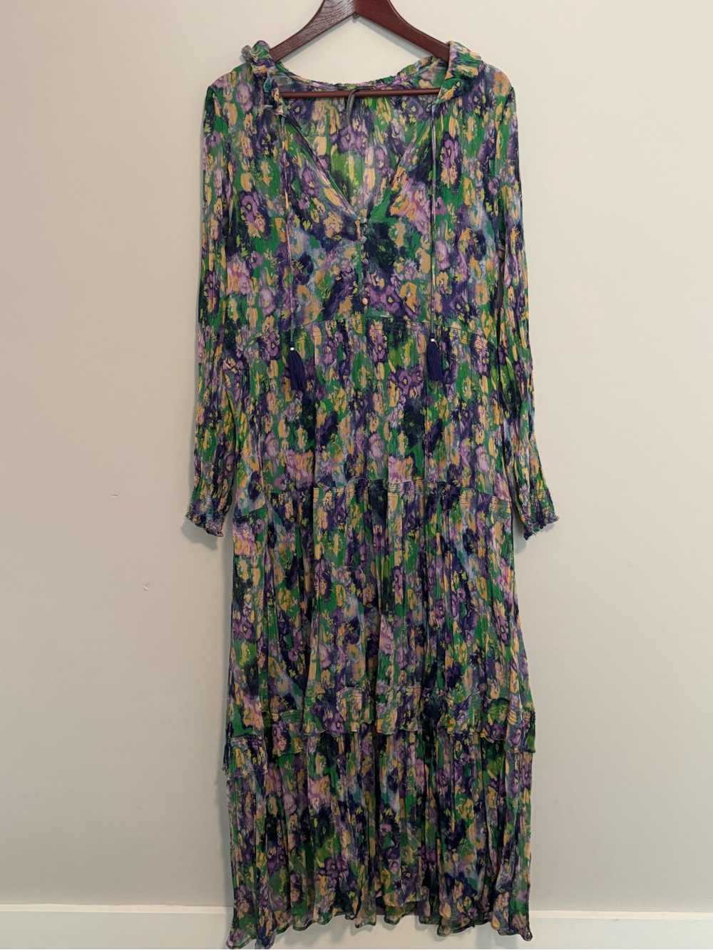 Anthropologie Marais Dress XL Chiffon Purple Green Boho Ruffle Maxi Balloon - Picture 2 of 12